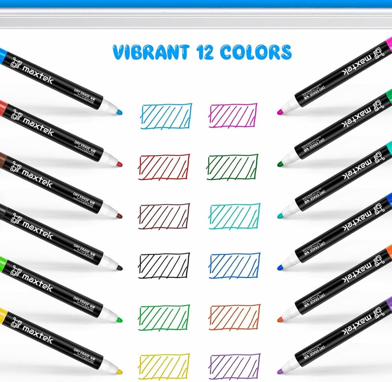 maxtek 60 Count Magnetic Dry Erase Markers, Fine Tip, 12 Colors, Low Odor Whiteboard Markers with Built-in Eraser - Image 5